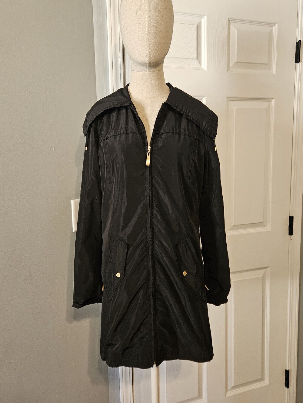 Ellen Tracy Black Zip-Front Trench Coat with Gold Accents